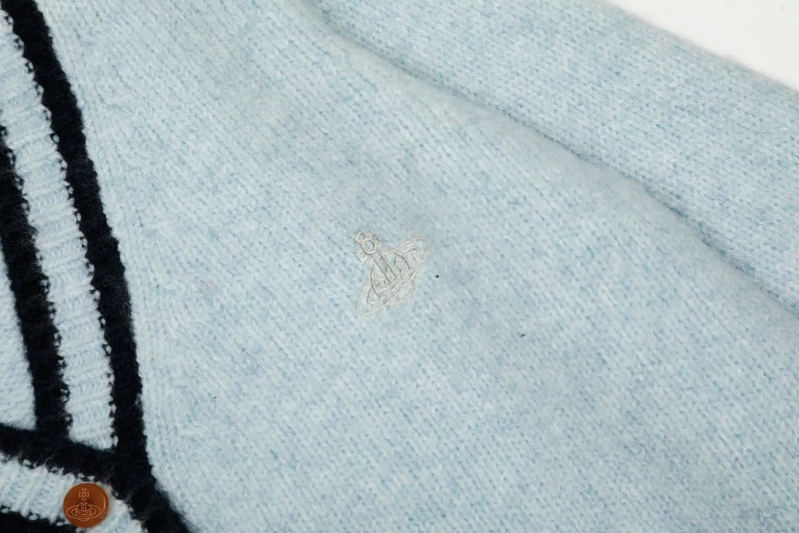 VIV top quality - limited to Japan" vivienne west wood 25th autumn and winter new three-color patchwork wool embroidered cardigan Color: Blue Size: S M L
